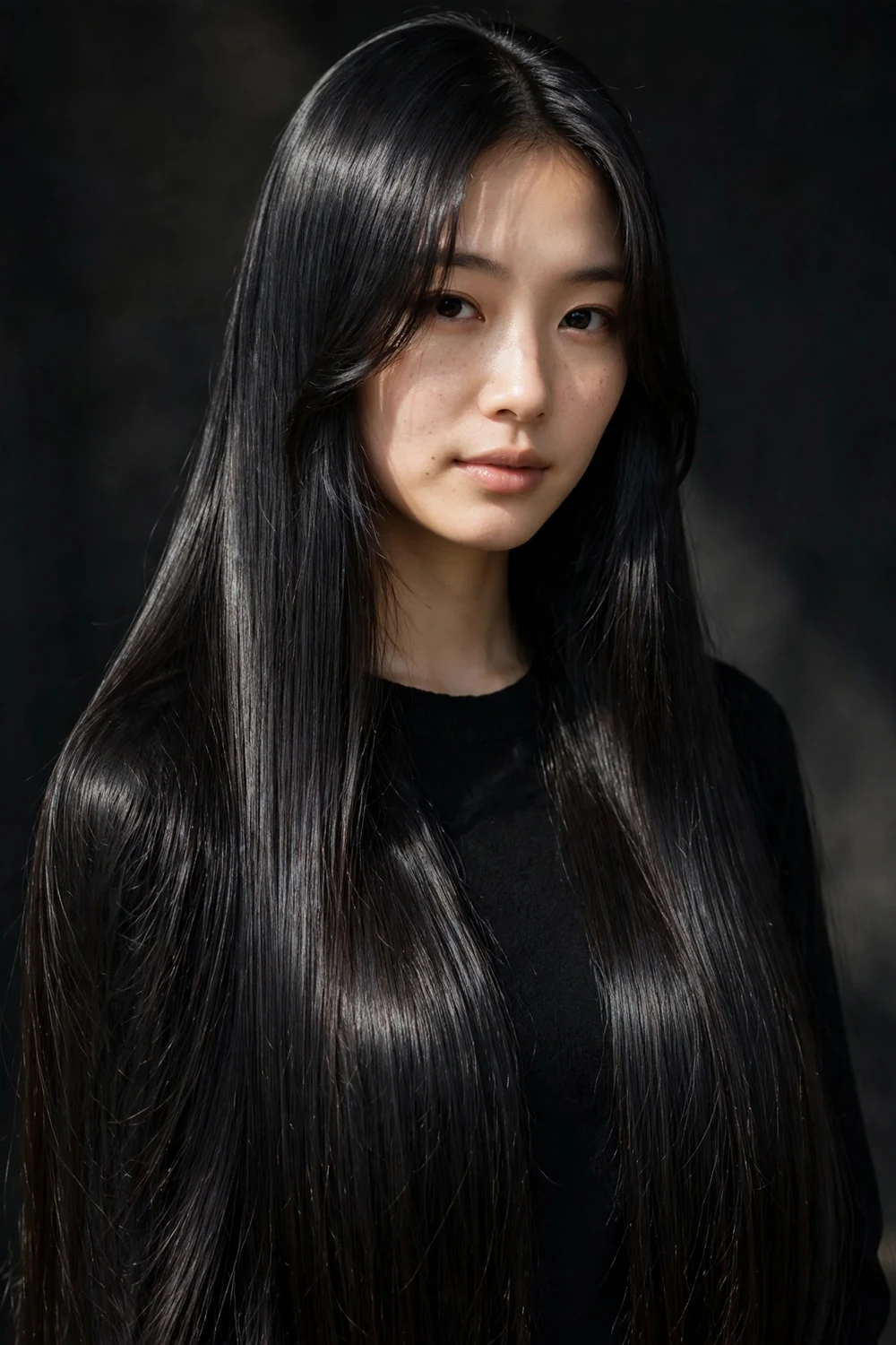 East Asian woman with jet black waist-length glossy hair and center-parted curtain bangs with a mirror shine