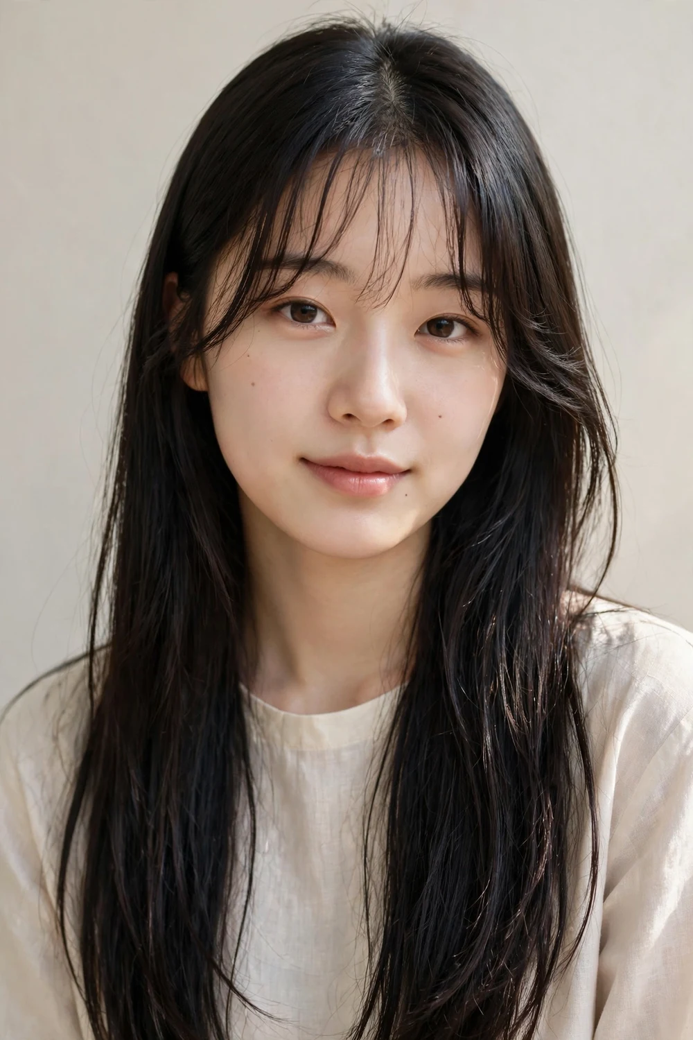 Korean woman with long dark hair and soft Korean-style curtain bangs, airy see-through texture at the center