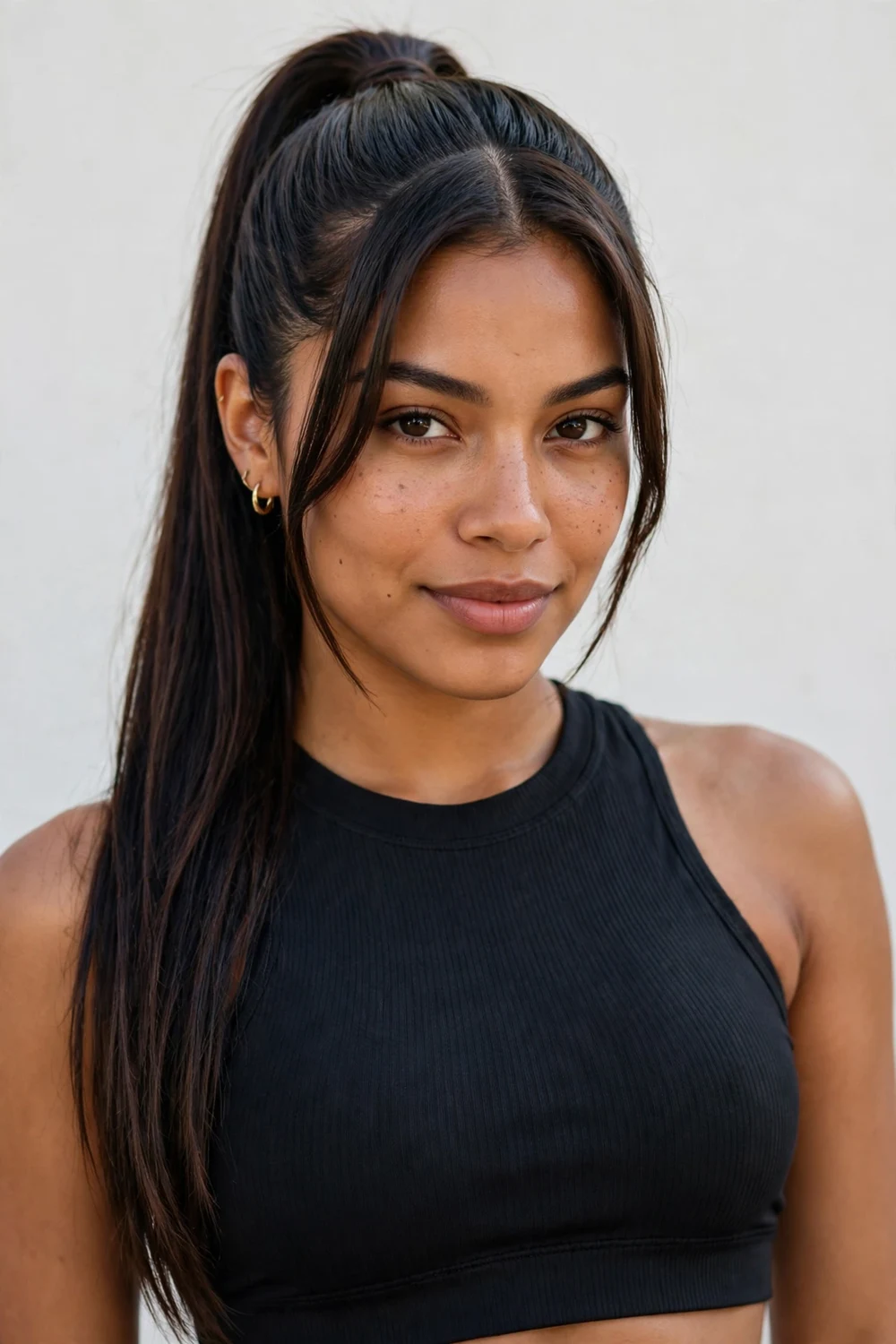 Latina woman with a high sleek long ponytail and center-parted curtain bangs framing her face, dark brown hair
