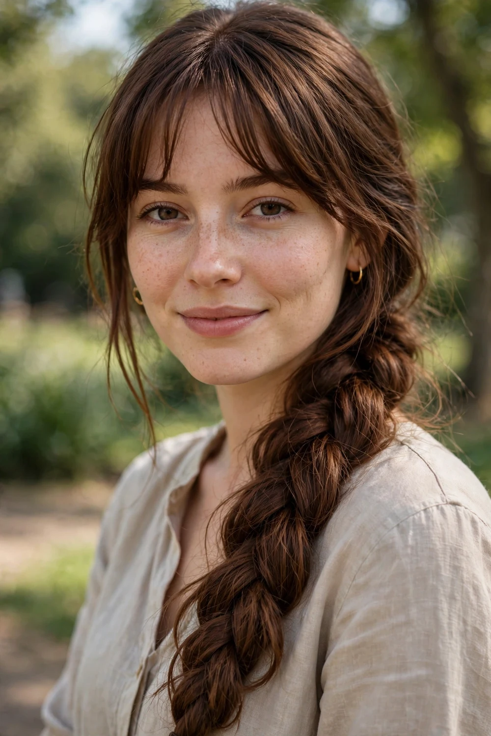 White woman with a long loose side fishtail braid over one shoulder and curtain bangs framing her face, chestnut hair