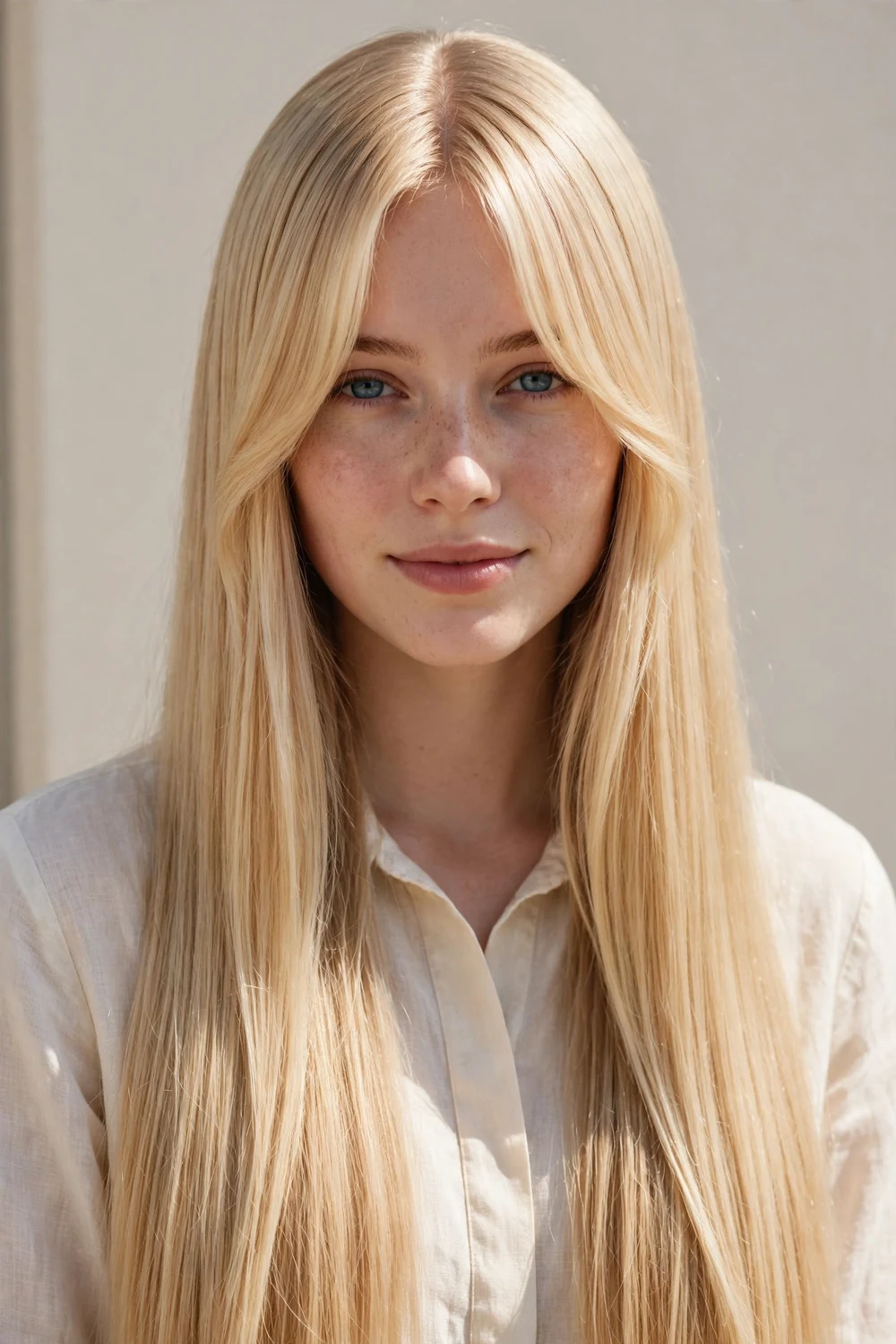 White woman with pin-straight waist-length blonde hair and sleek center-parted curtain bangs with a smooth finish