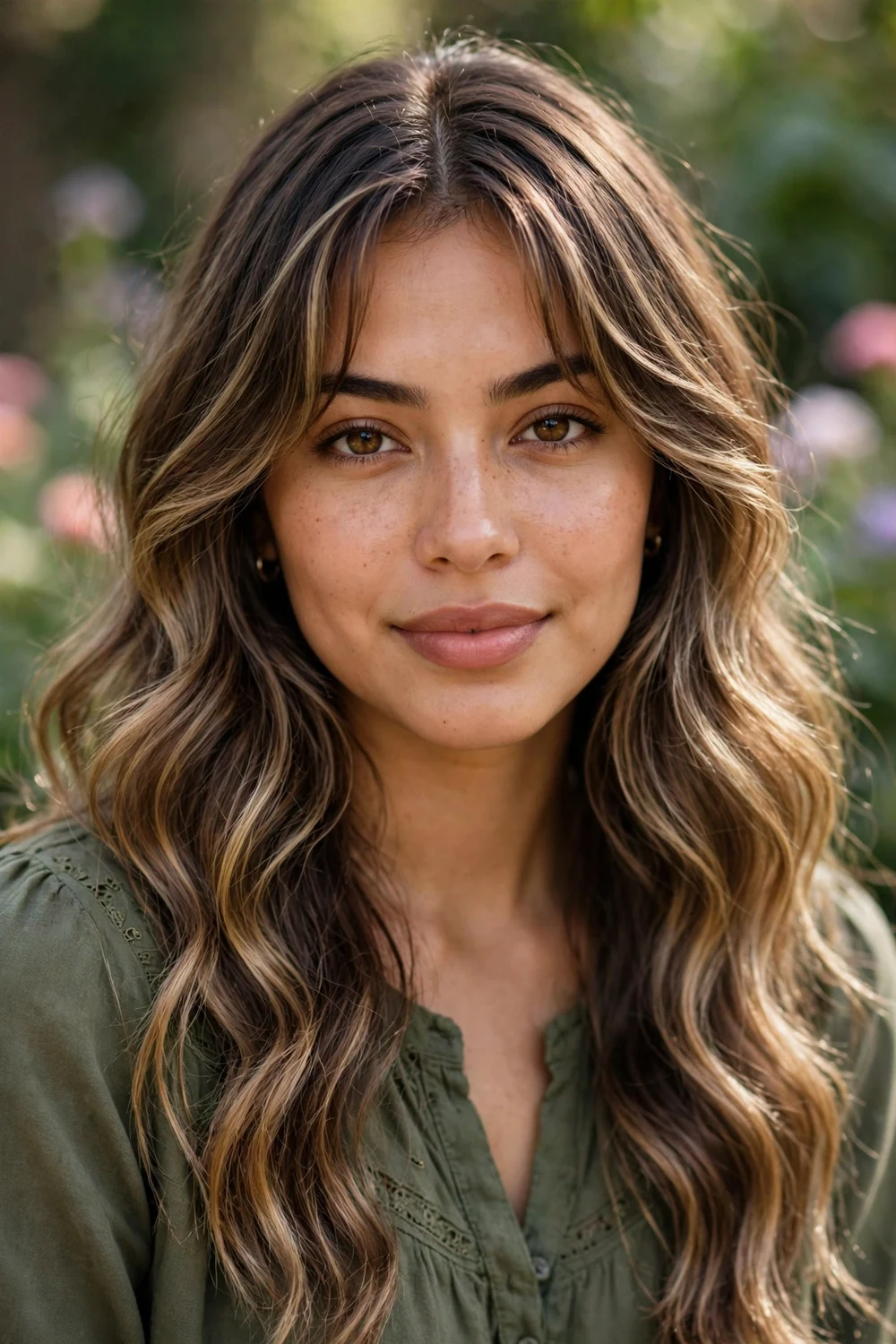 Latina woman with long wavy blonde-highlighted hair and soft center-parted curtain bangs blending into the waves