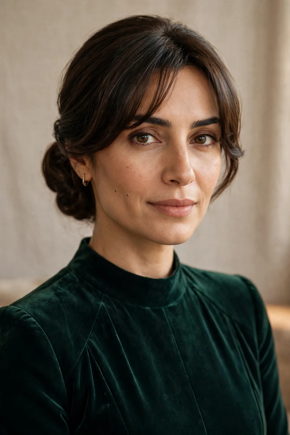 Middle Eastern woman with an elegant low chignon bun at the nape and soft curtain bangs framing her face, formal styling