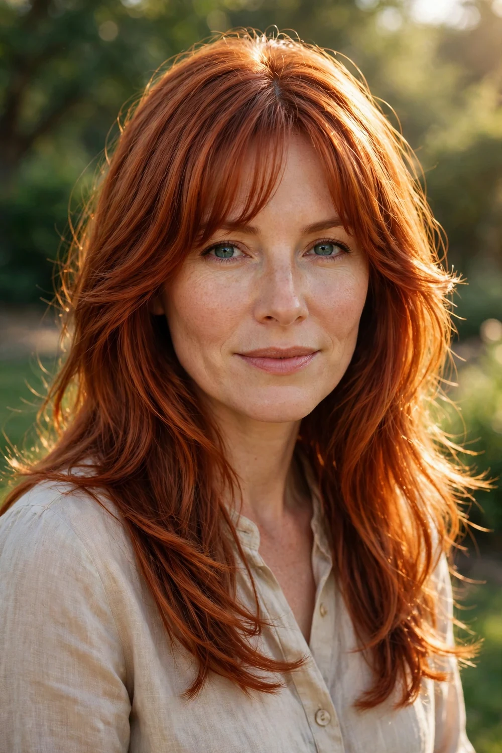White woman with long copper-red layered hair and curtain bangs, warm auburn tones in natural light