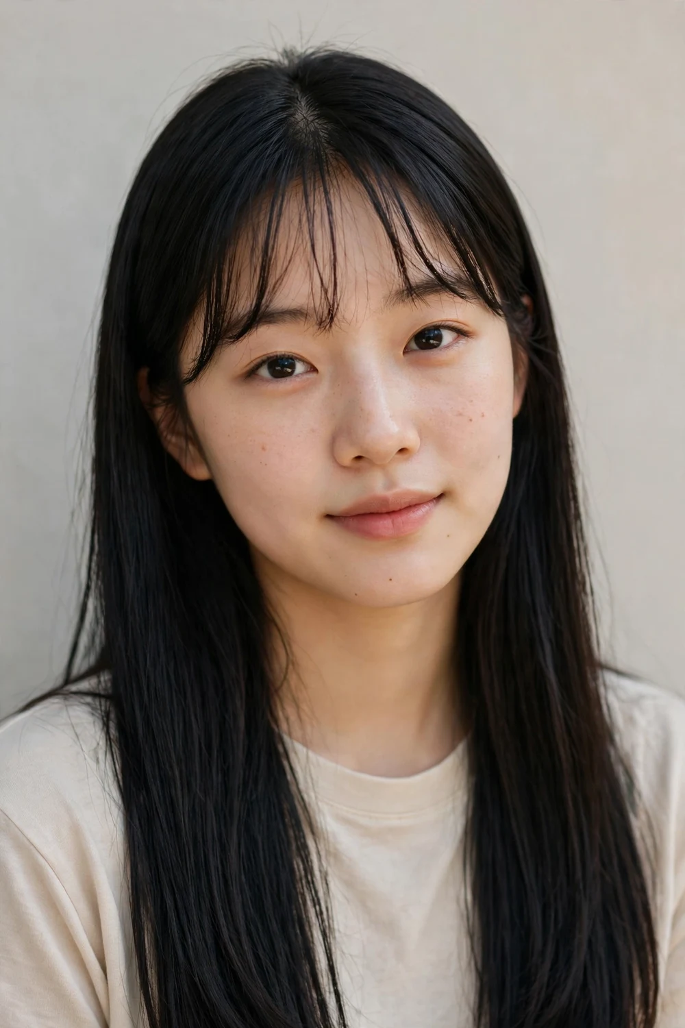Korean woman with long straight black hair and short wispy curtain bangs grazing the eyebrows, youthful fresh look