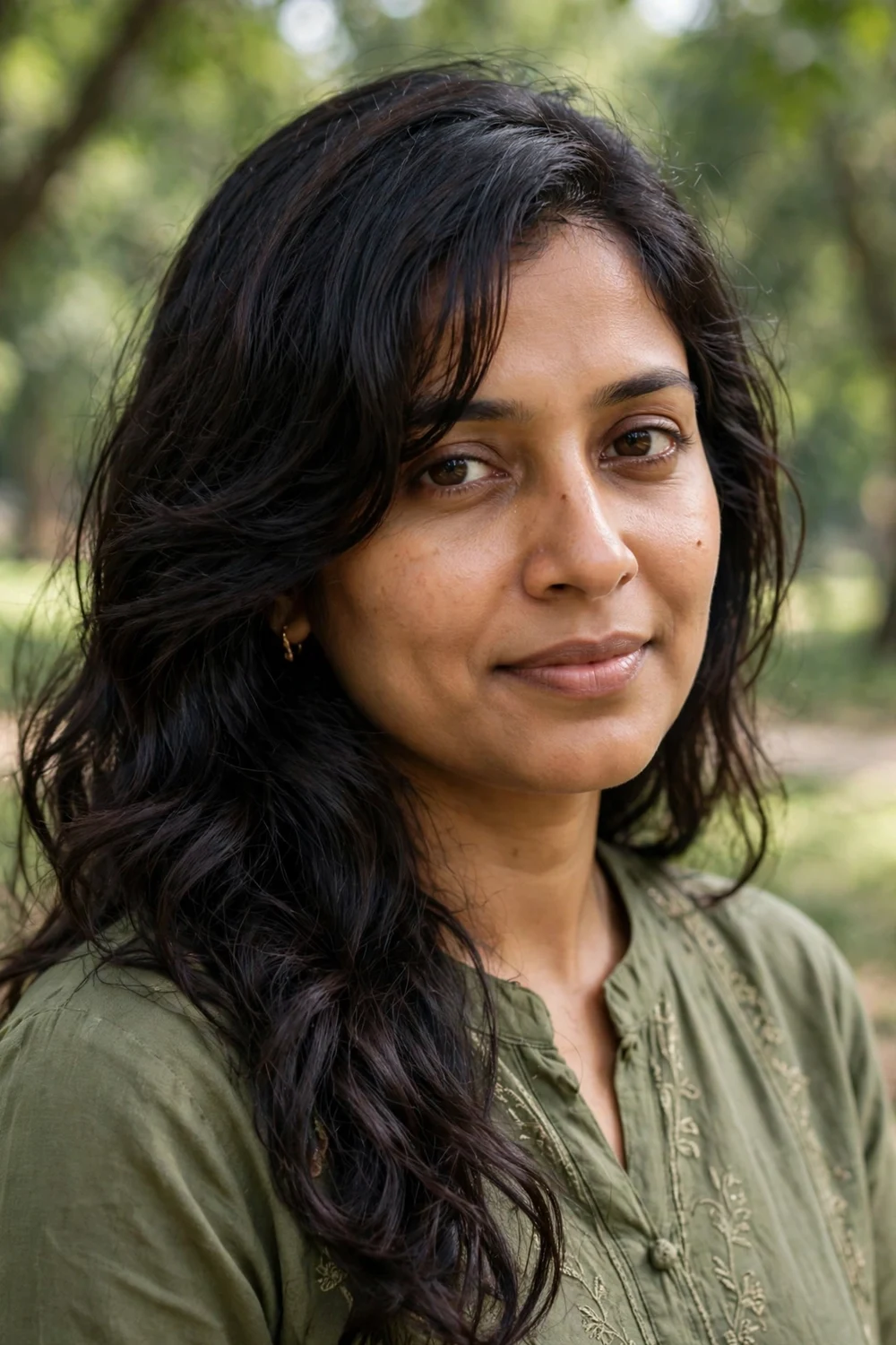 South Asian woman with long dark wavy hair in a deep side part, curtain bangs falling longer on one side