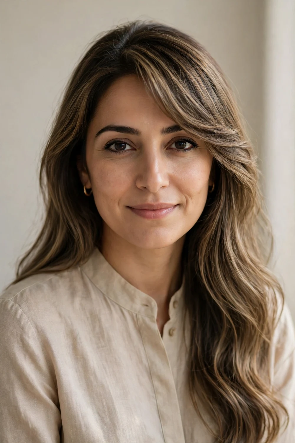 Middle Eastern woman with long dark blonde hair, curtain bangs styled sweeping diagonally to one side across the forehead