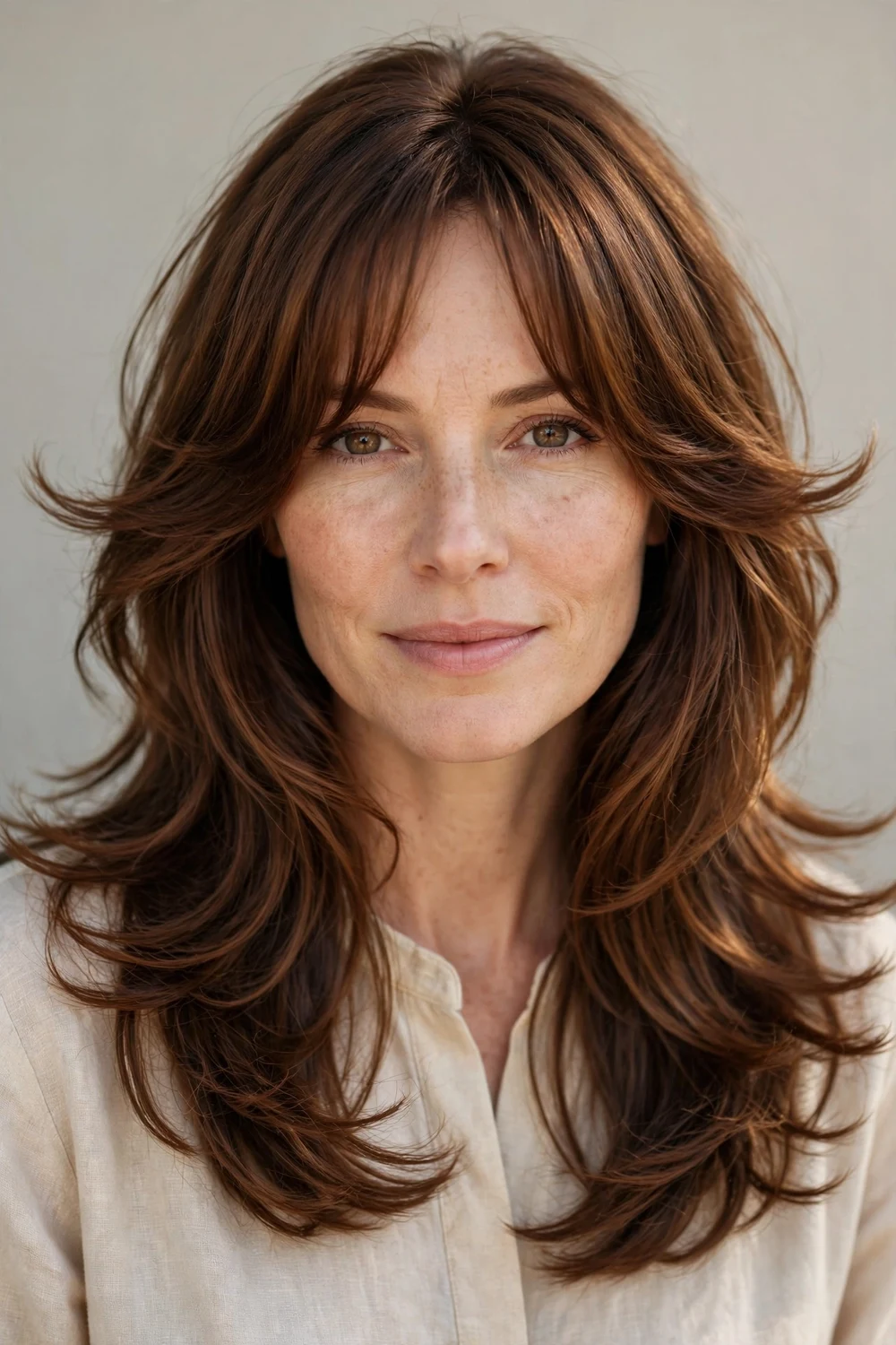White woman with long feathered chestnut hair, swoopy outward-flicked layers and curtain bangs, salon blowout finish
