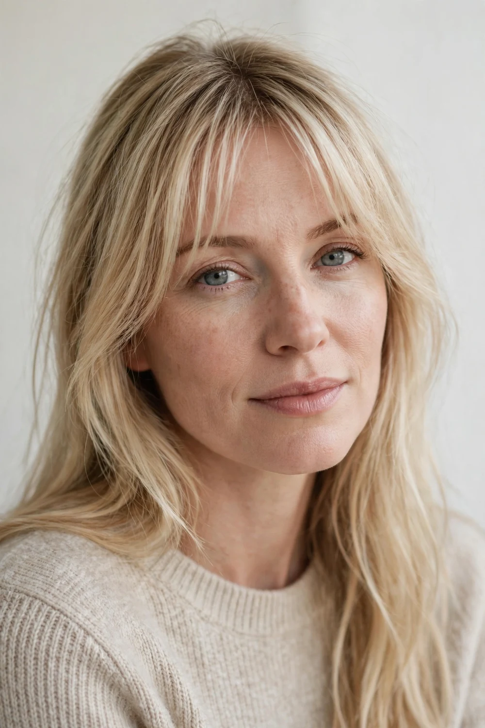 White woman with fine long blonde hair, light airy curtain bangs styled with root volume