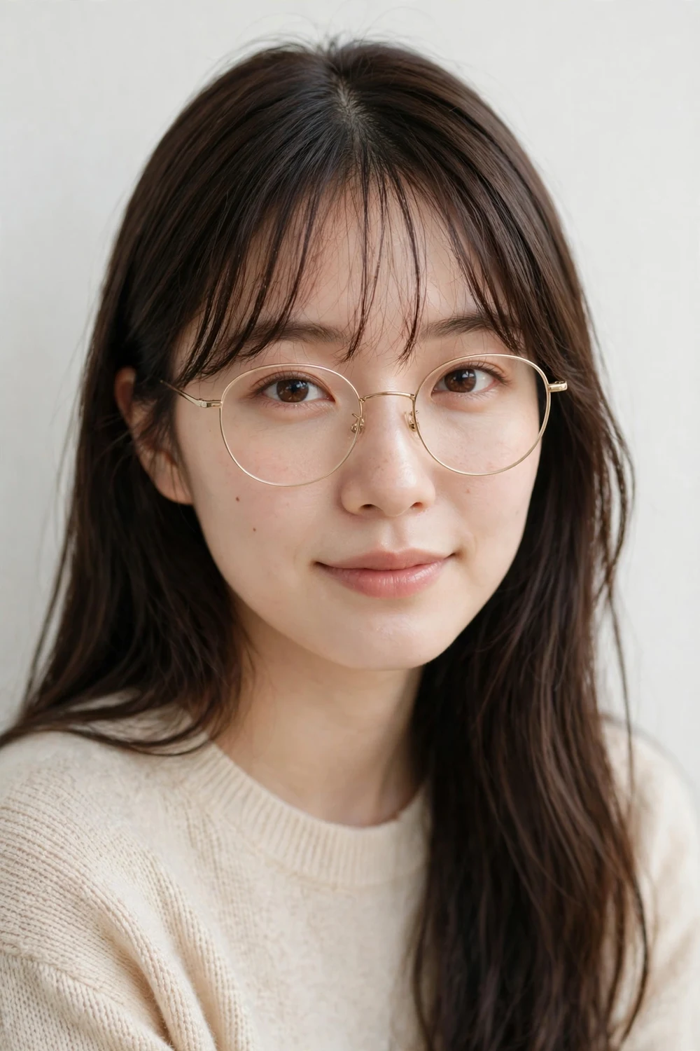 East Asian woman with long straight dark brown hair and wispy feathered curtain bangs barely covering the forehead