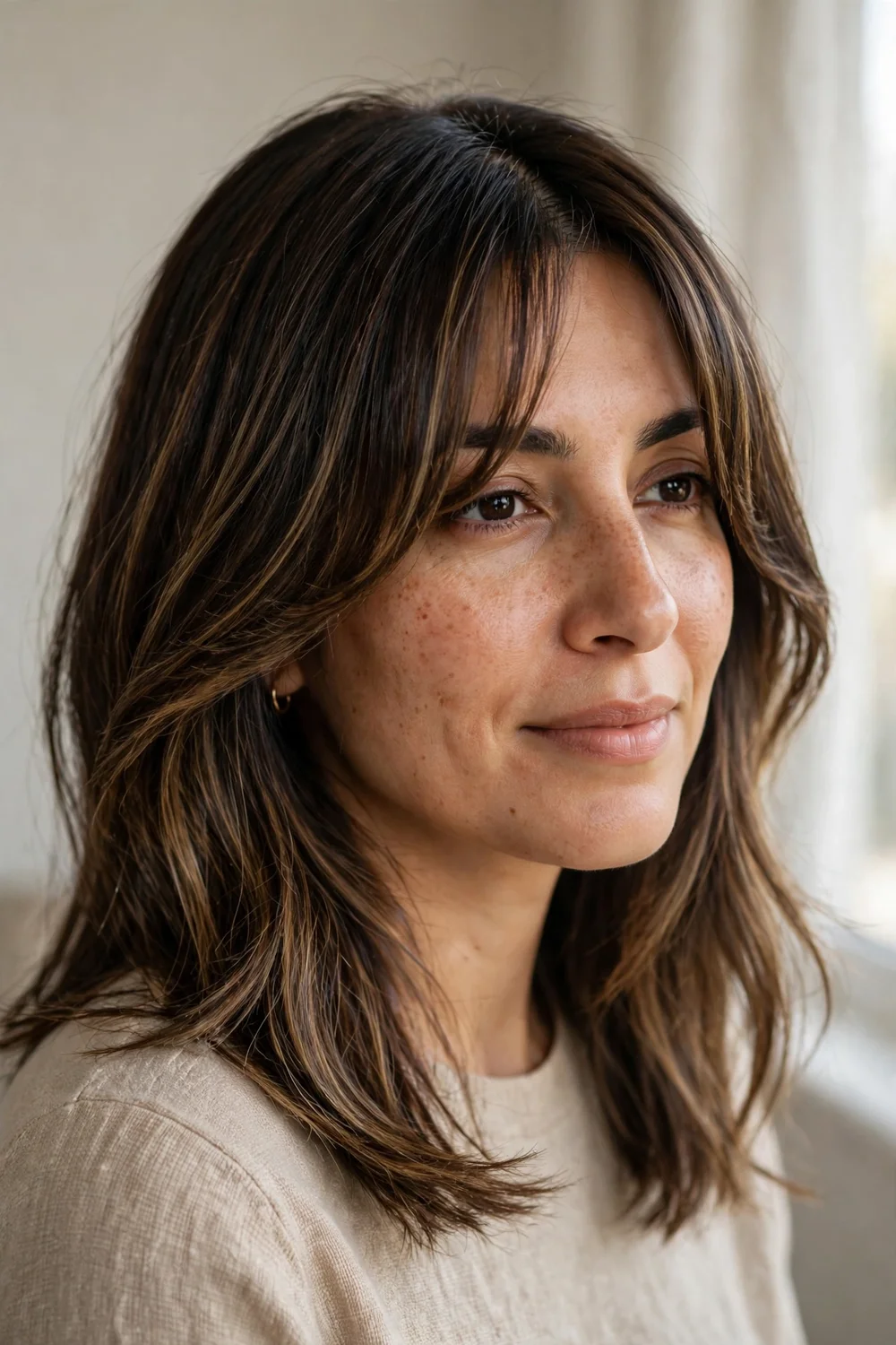 Woman with dark brown shoulder-length hair, curtain bangs and subtle balayage