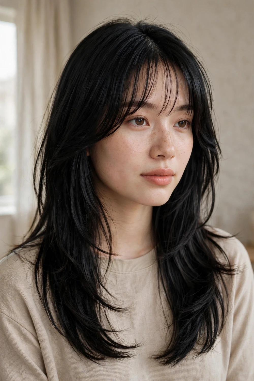 Woman with long black hair in wispy curtain bangs and long layers
