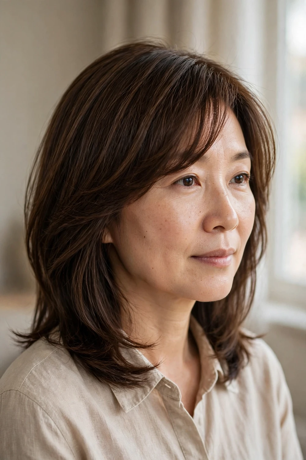 Woman with brunette layered lob and side-swept curtain fringe