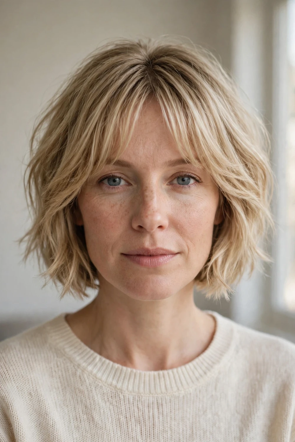 Woman with blonde textured bob and soft curtain fringe