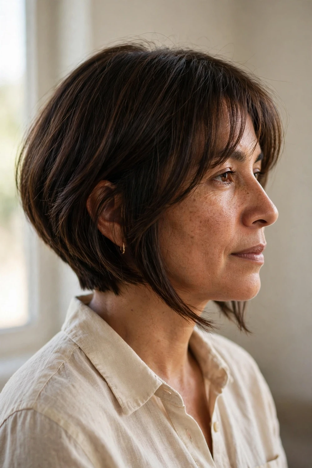 Woman with dark brown angled bob and wispy curtain bangs
