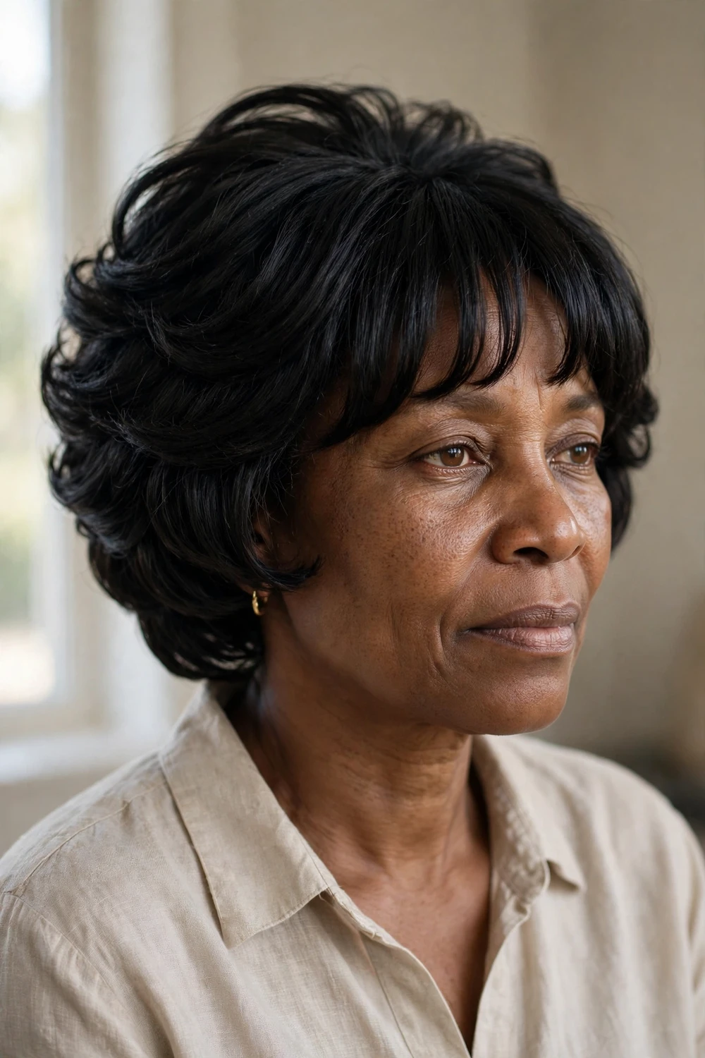 Woman with black stacked bob and short curtain fringe