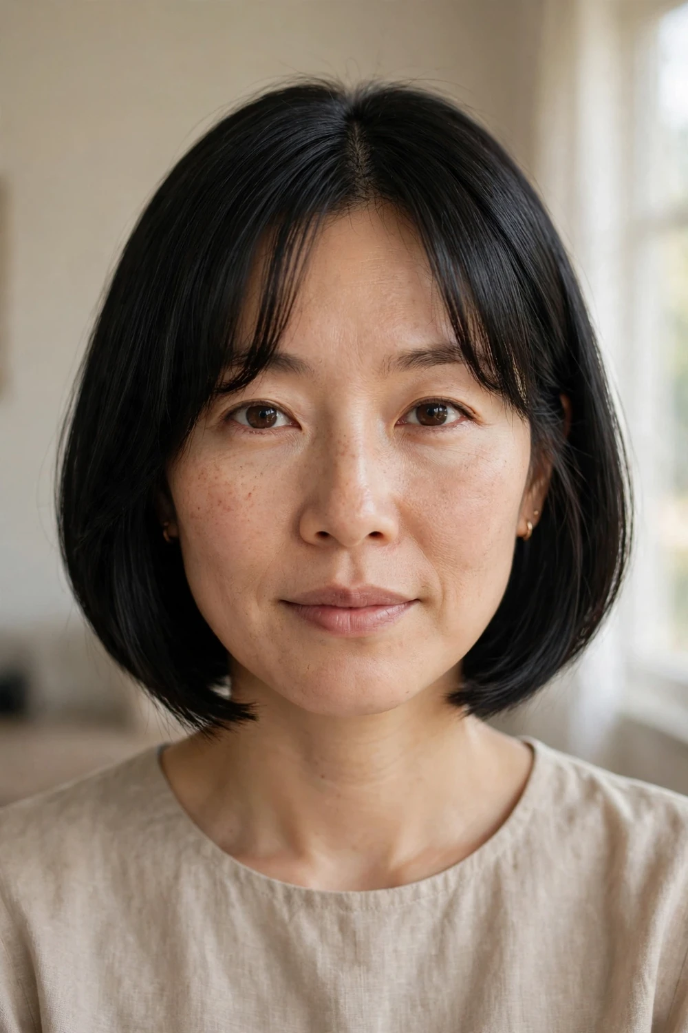 Woman with black A-line bob and blunt curtain fringe