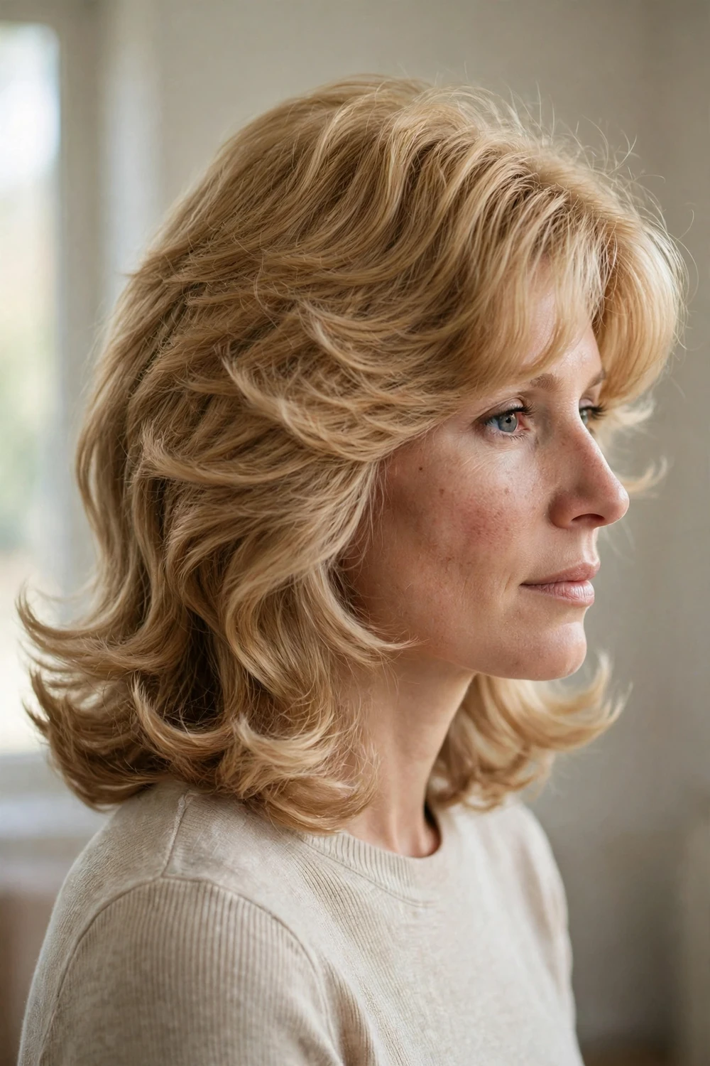 Woman with honey blonde 70s feathered blowout and curtain bangs