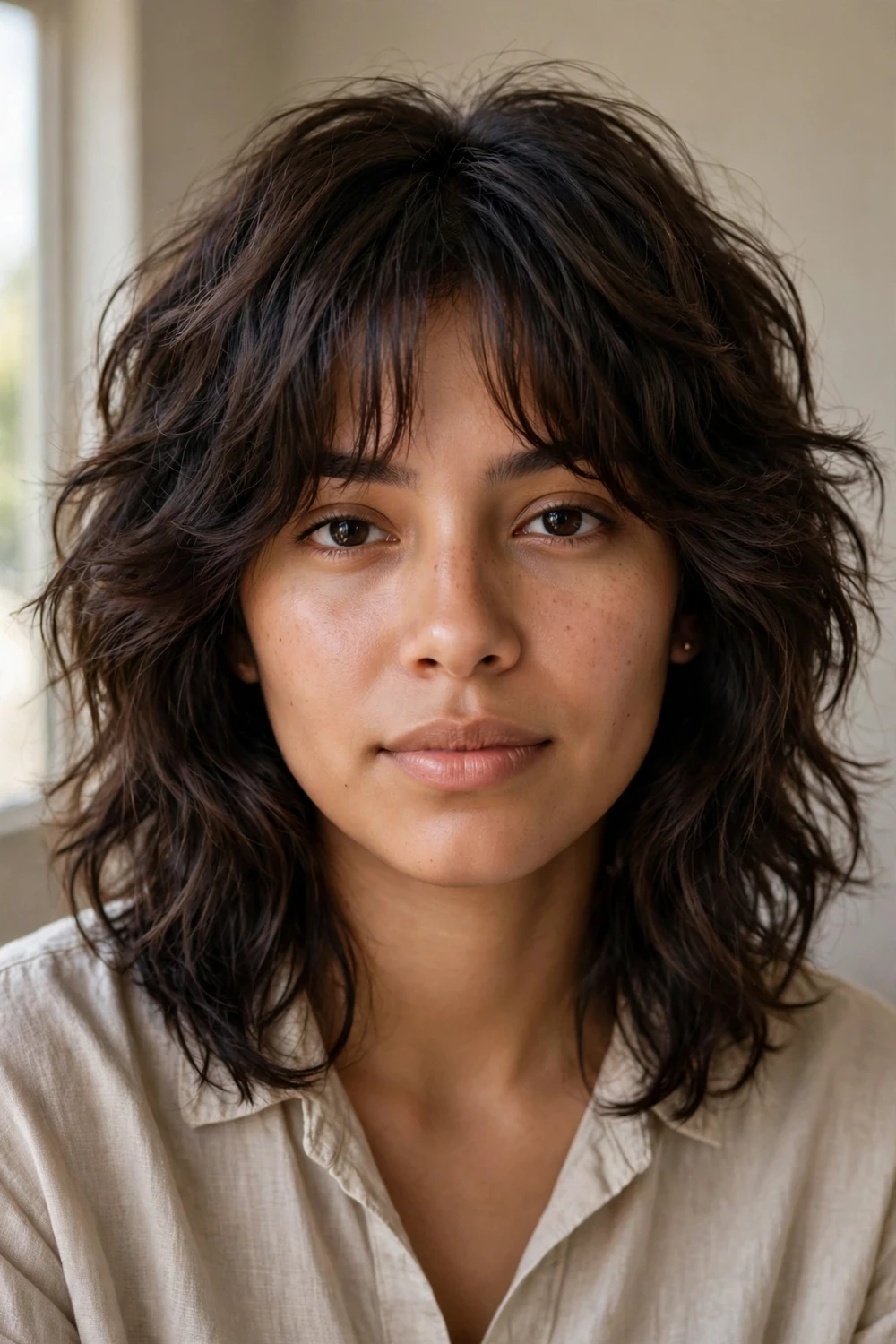 Woman with wavy mid-length shag and soft curtain fringe