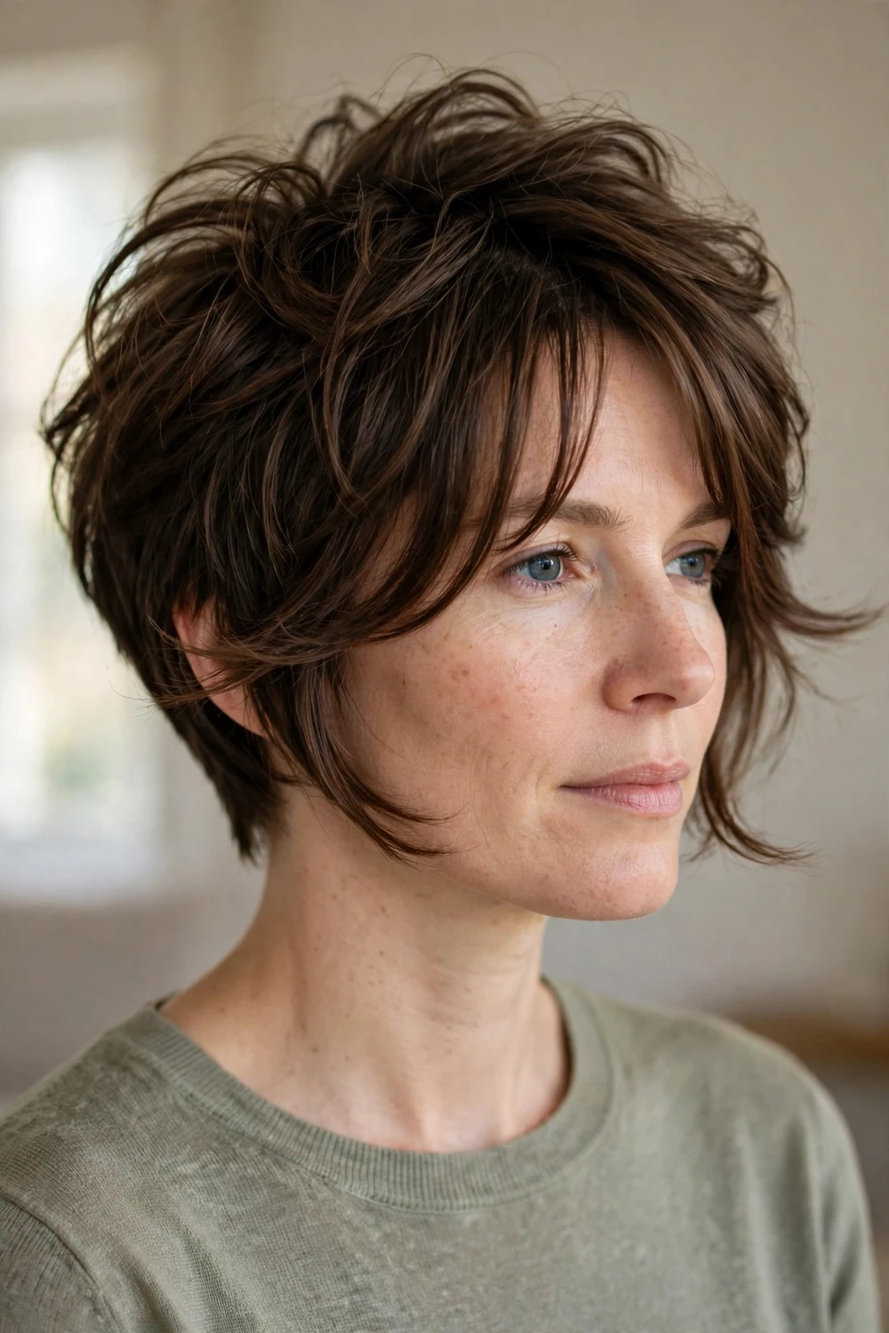Woman with short brunette layers and long curtain bangs