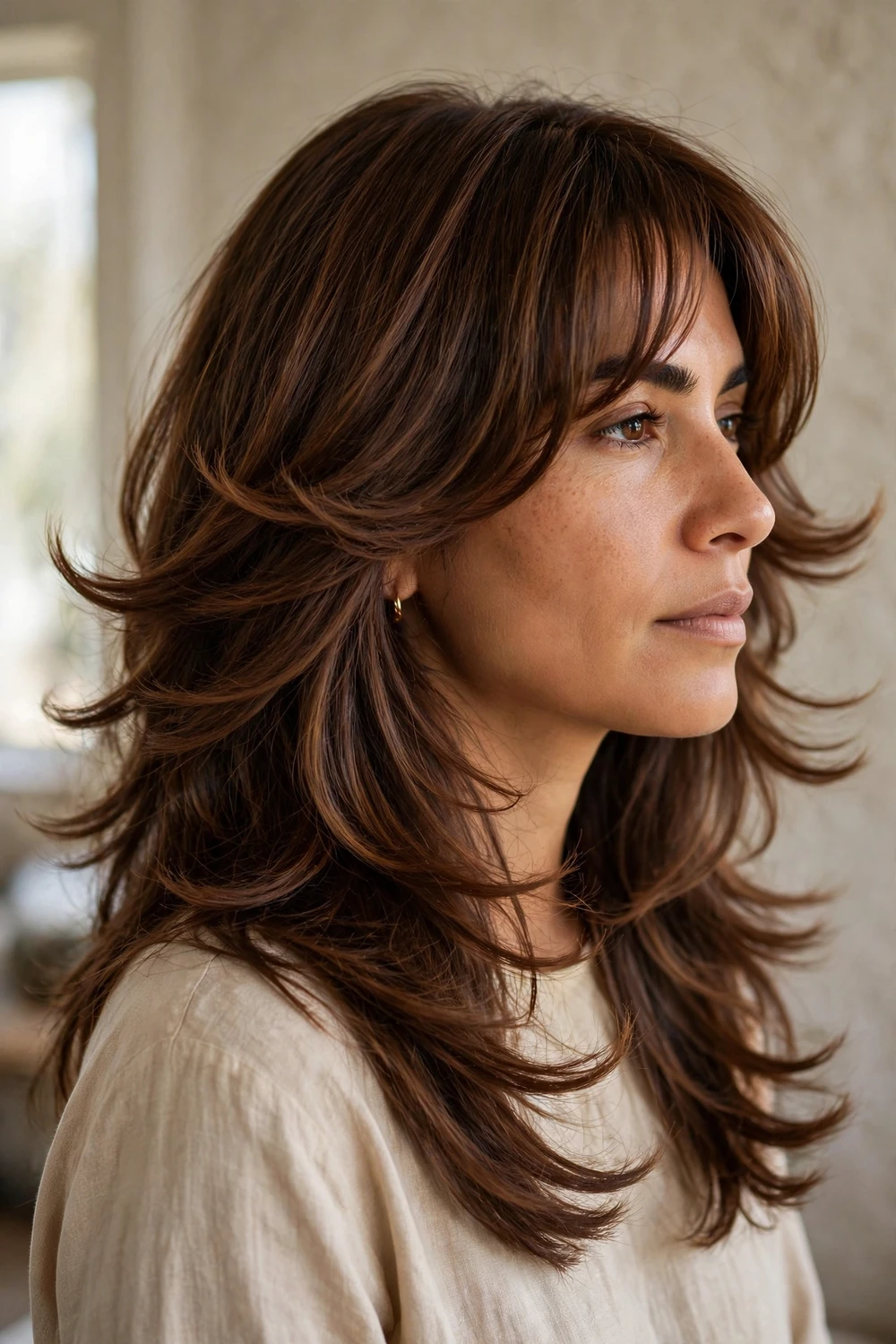 Woman with chestnut brown butterfly layers and curtain bangs
