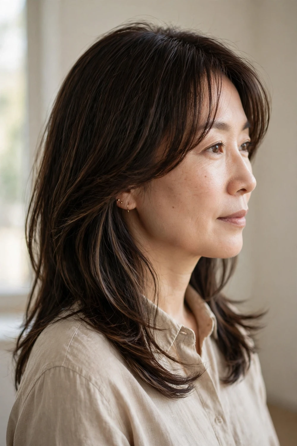 Woman with dark brown soft layers and peekaboo curtain bangs