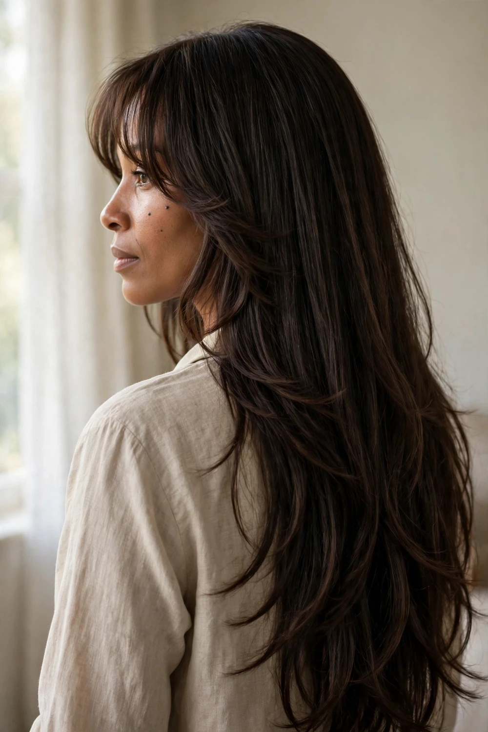 Woman with long dark brown layers and subtle curtain bangs
