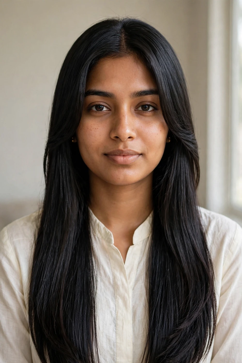 Woman with sleek black hair, middle-parted curtain bangs and long layers