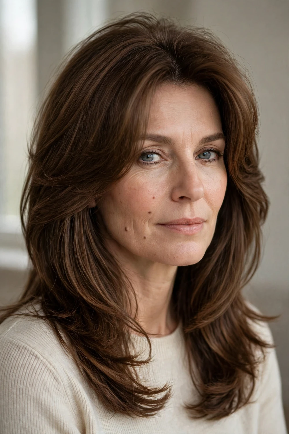 Woman with chestnut face-framing layers and curtain bangs
