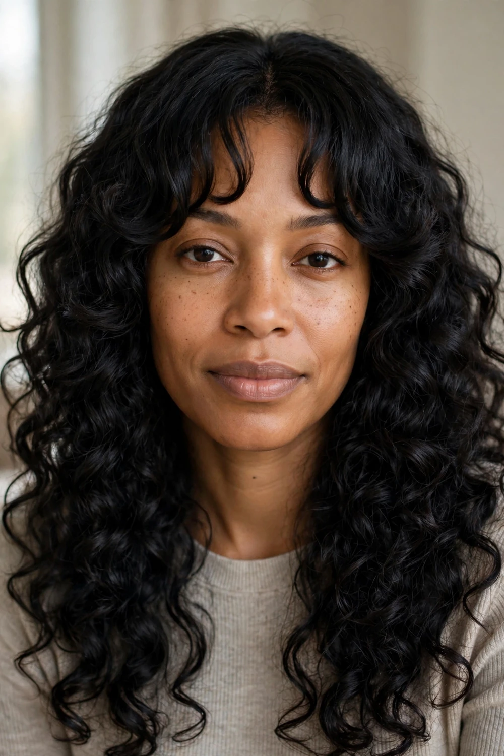 Woman with curly black layers and soft curtain bangs