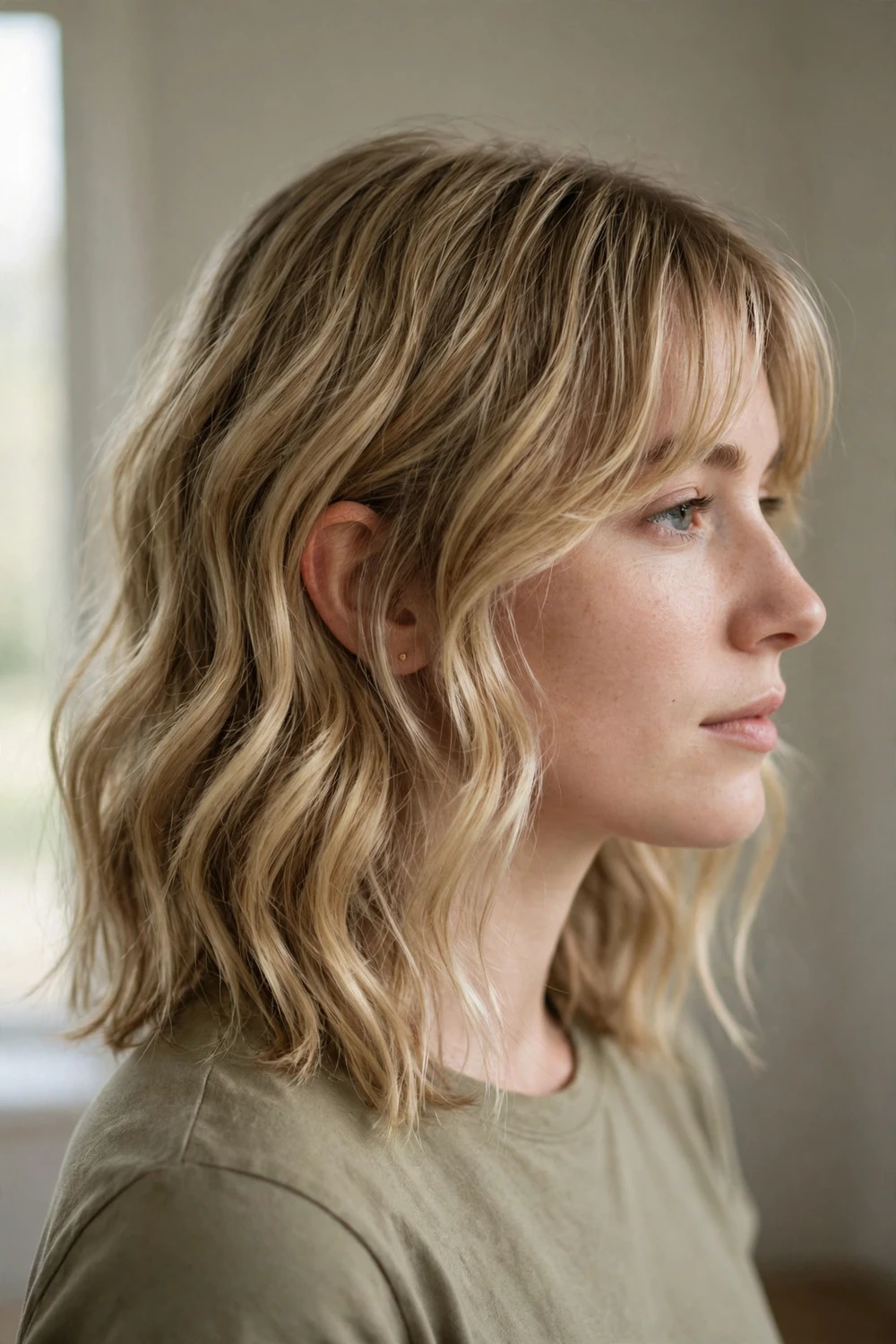 Woman with dirty blonde S-wave layers and curtain bangs