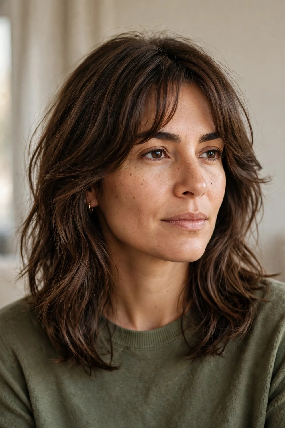 Woman with medium brown lived-in layers and curtain fringe