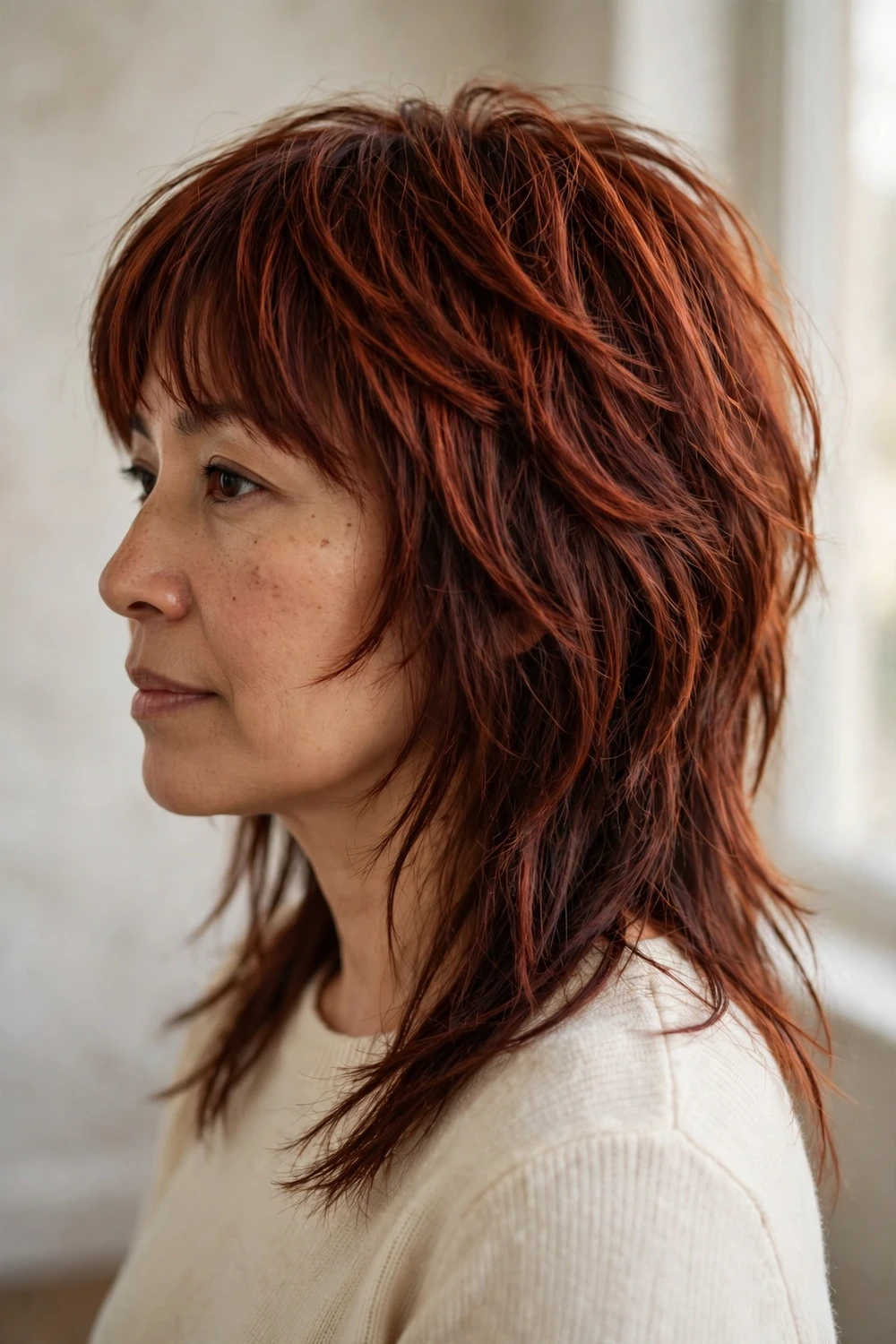 Woman with auburn disconnected layers and curtain fringe