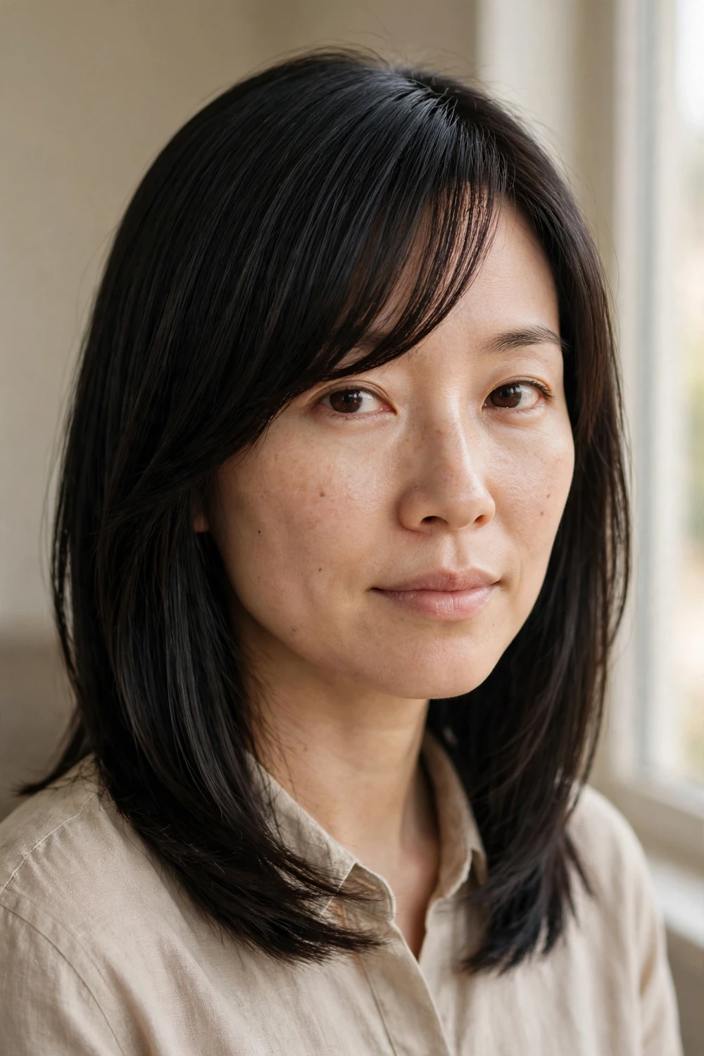 Woman with straight black layers and side-parted curtain fringe