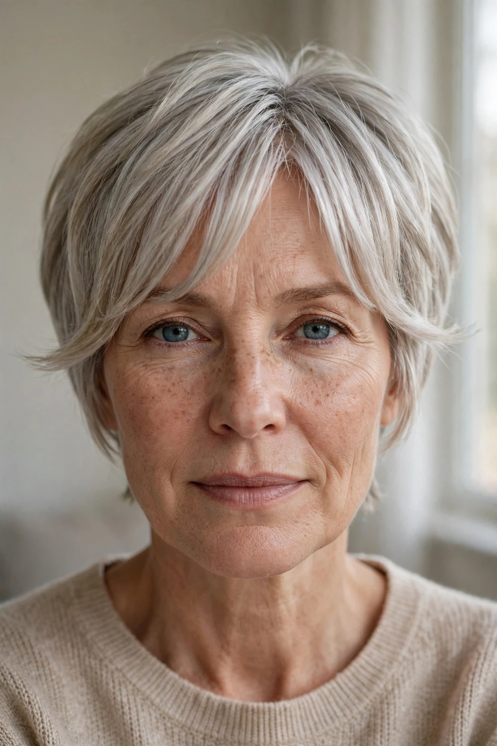 Woman with silver blonde pixie and long curtain bangs