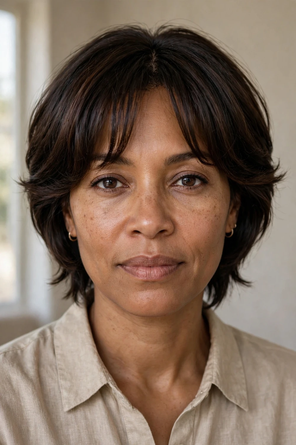 Woman with dark brown tapered layers and curtain bangs