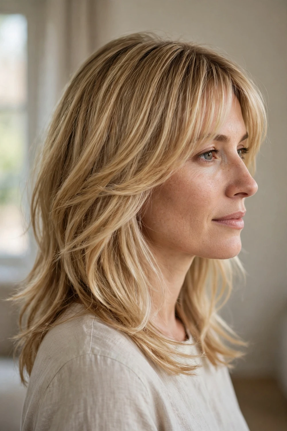 Woman with honey blonde feathered layers and curtain bangs