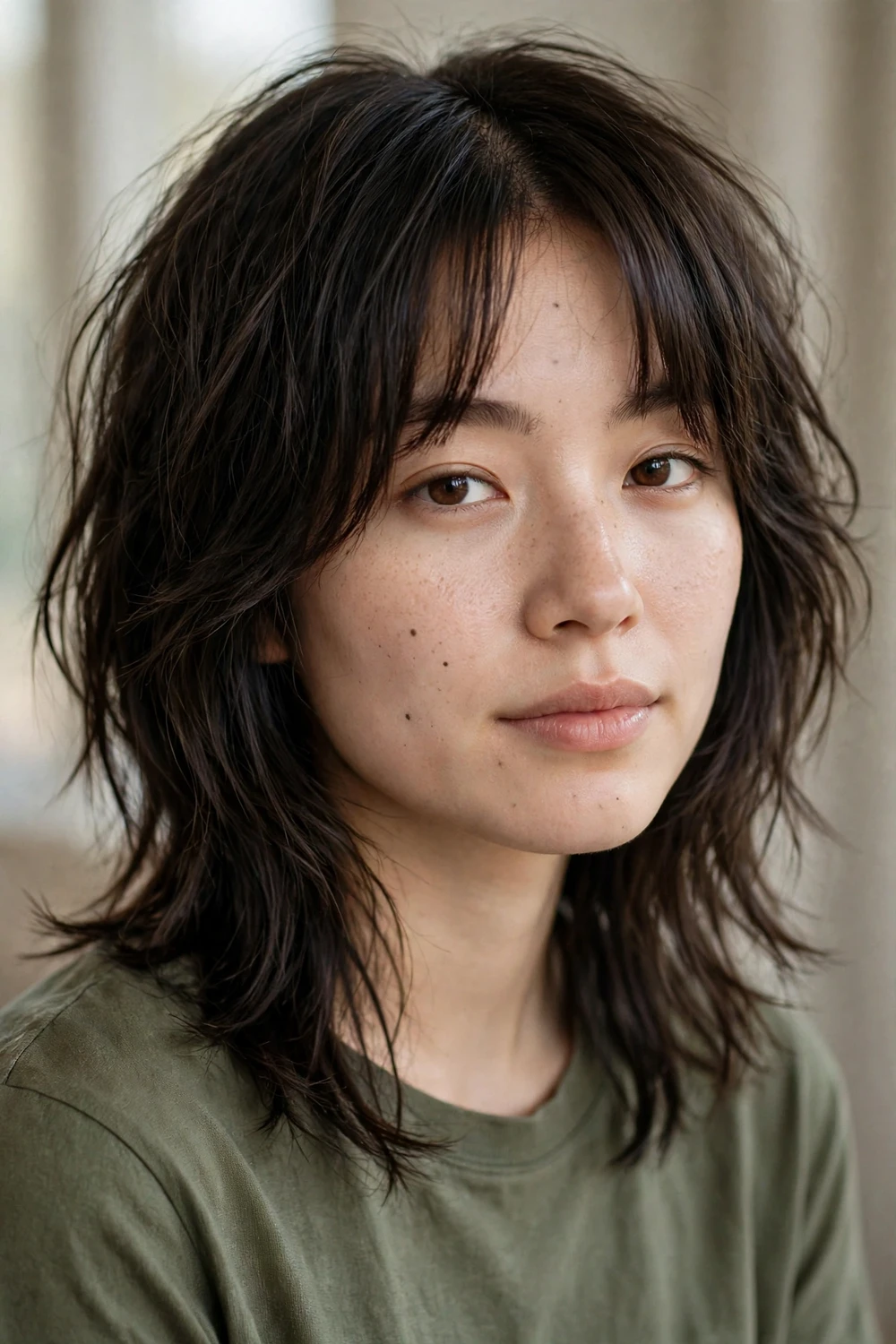 Woman with dark brown choppy layers and blunt curtain bangs