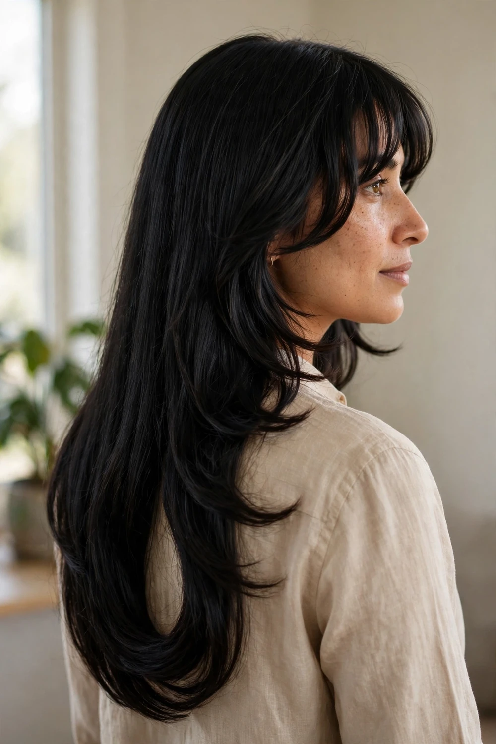Woman with long black U-shaped layers and curtain bangs
