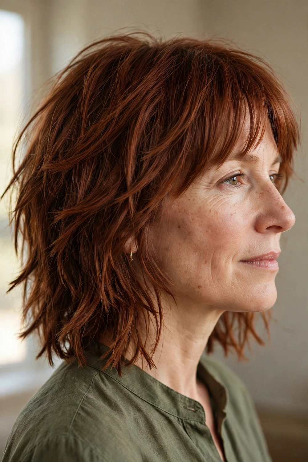 Woman with auburn shattered layers and curtain bangs