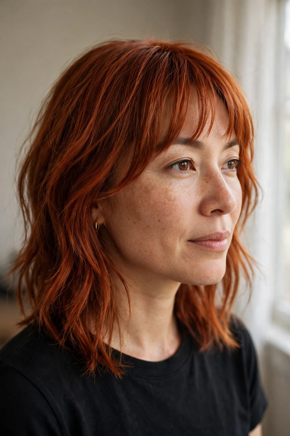 Woman with copper razor-cut layers and curtain bangs