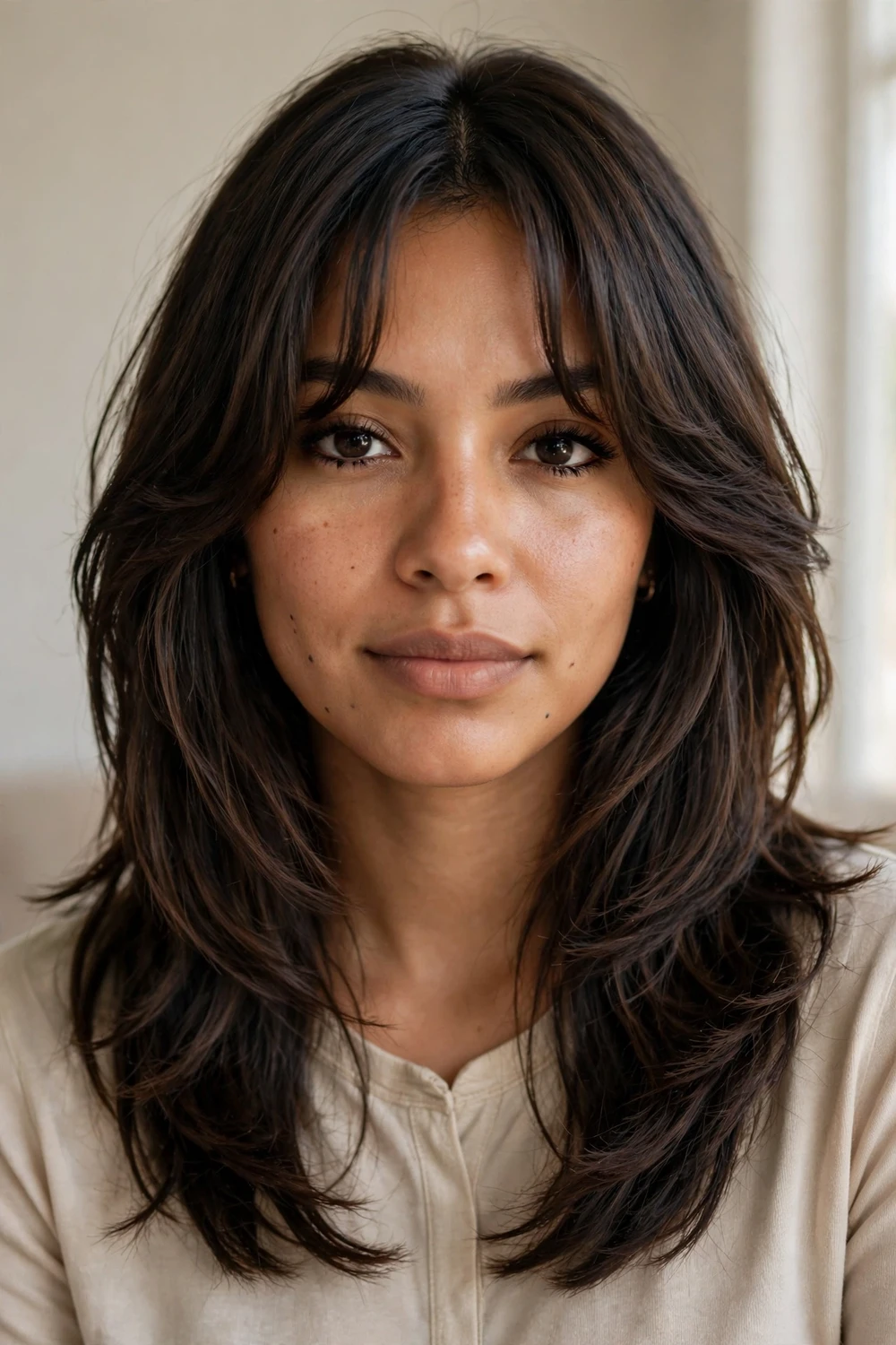 Woman with dark brown multi-length layers and defined curtain fringe