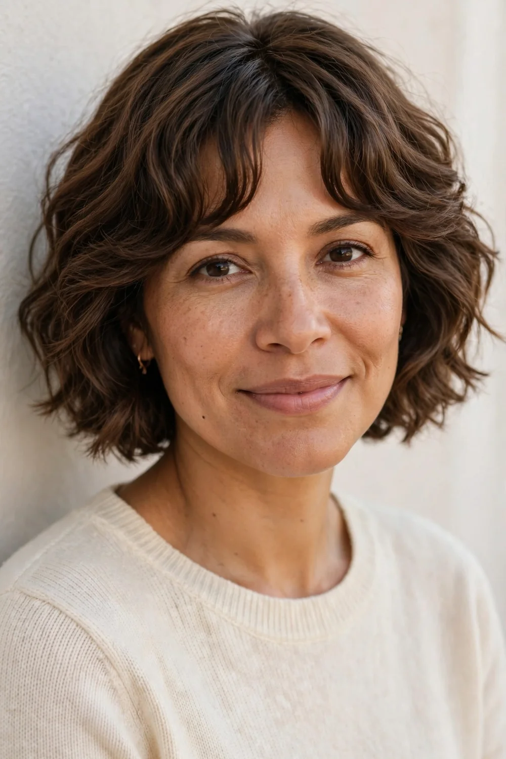 Woman with curtain bangs and short wavy hair
