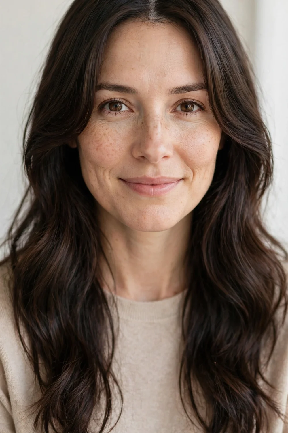 Woman with curtain bangs parted in the middle framing her face