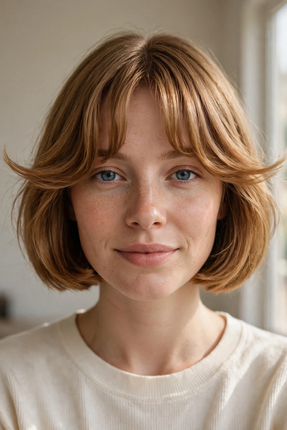 Woman with classic bob and curtain-flicked bottleneck bangs