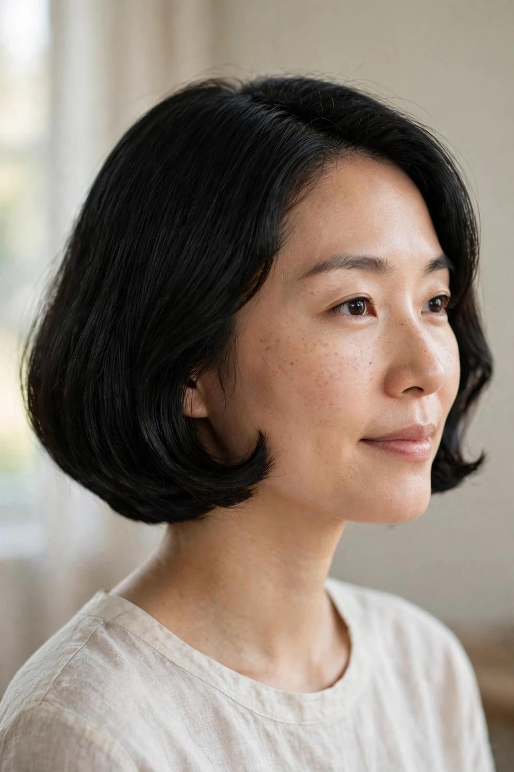 Curved bob haircut with rounded shape hugging the jawline