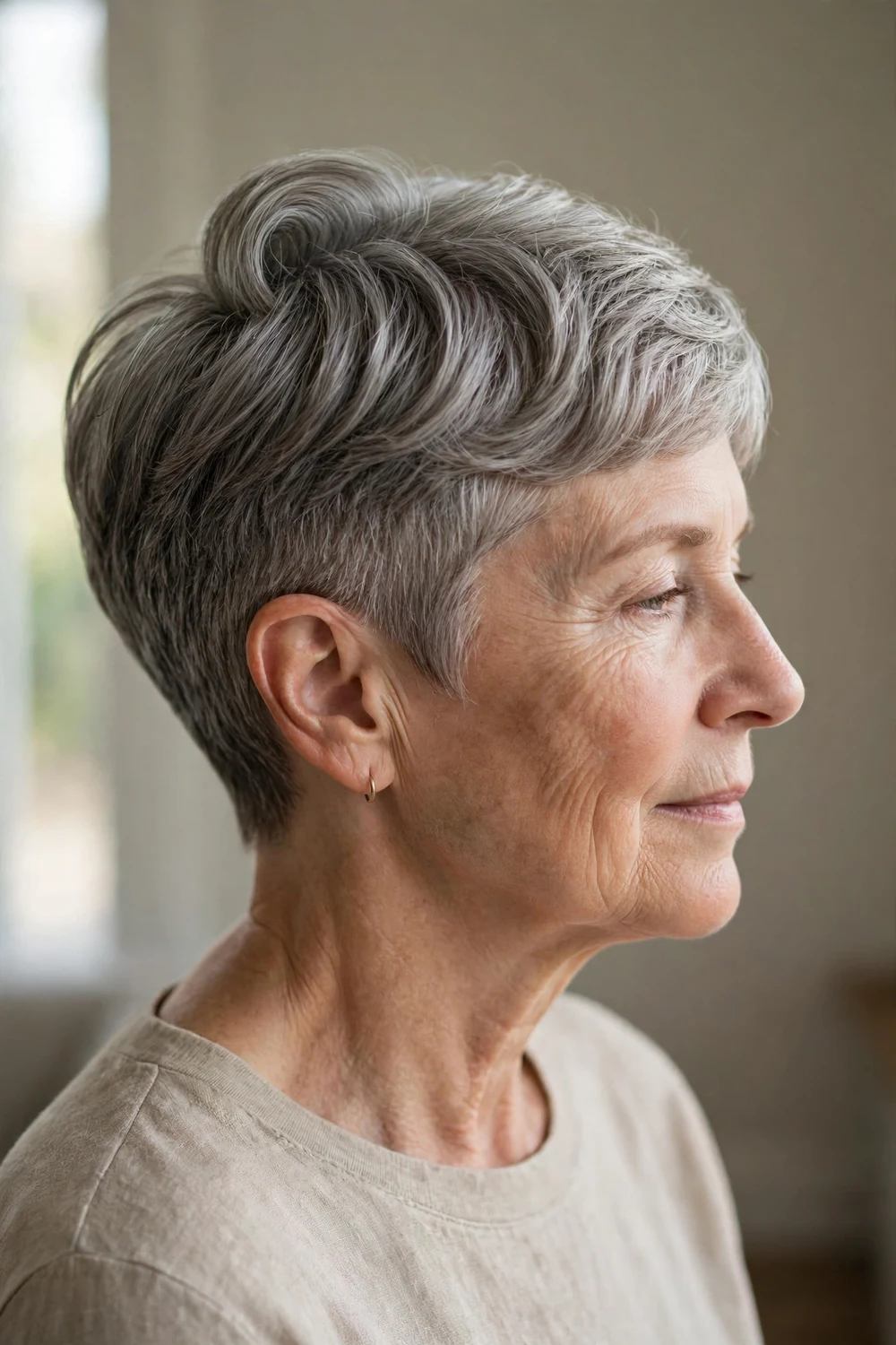 Side view of a curved top pixie with sculpted texture on a woman over 50 with thin ash grey hair