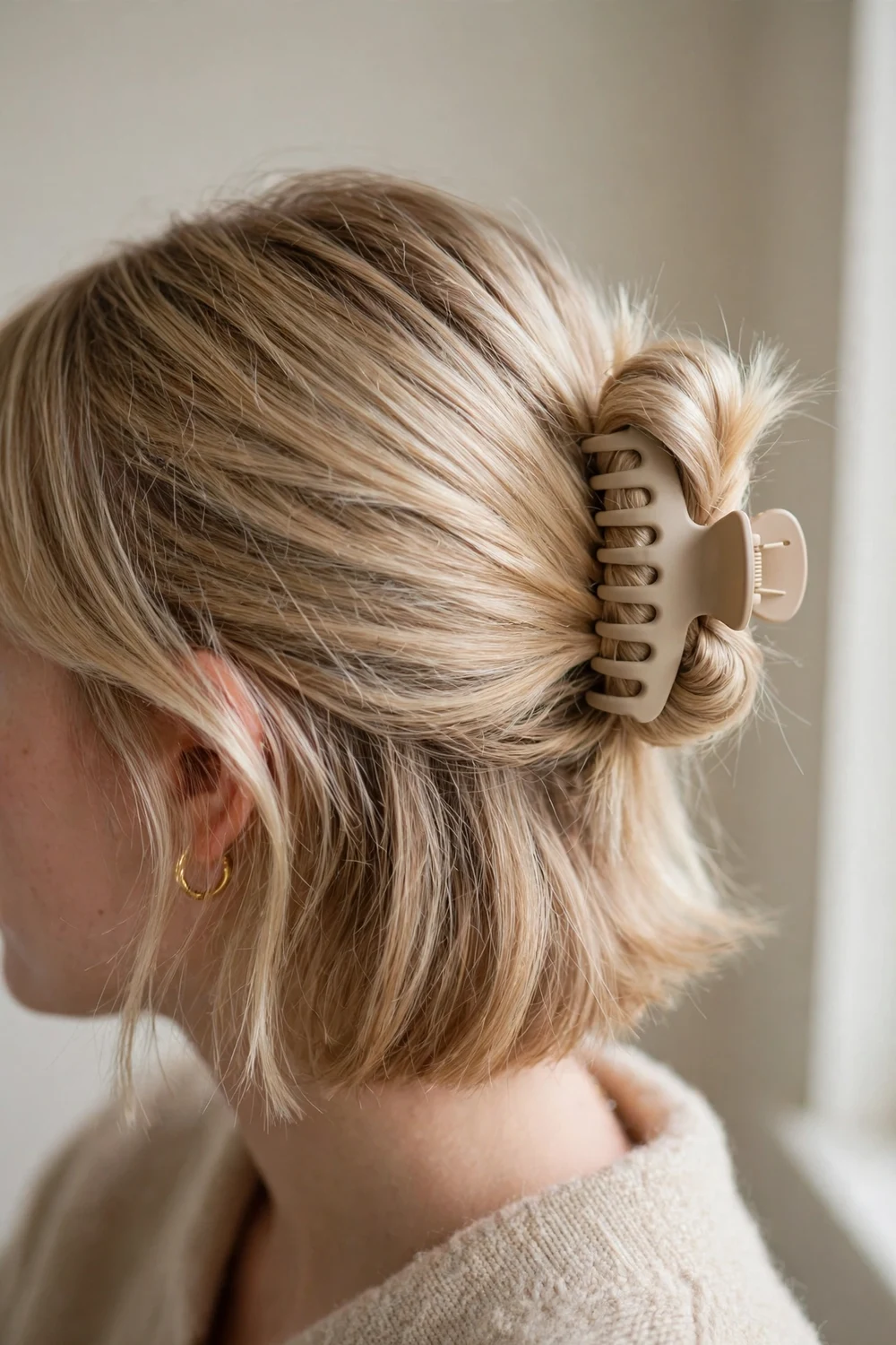 Short hair gathered into a claw clip bun for school