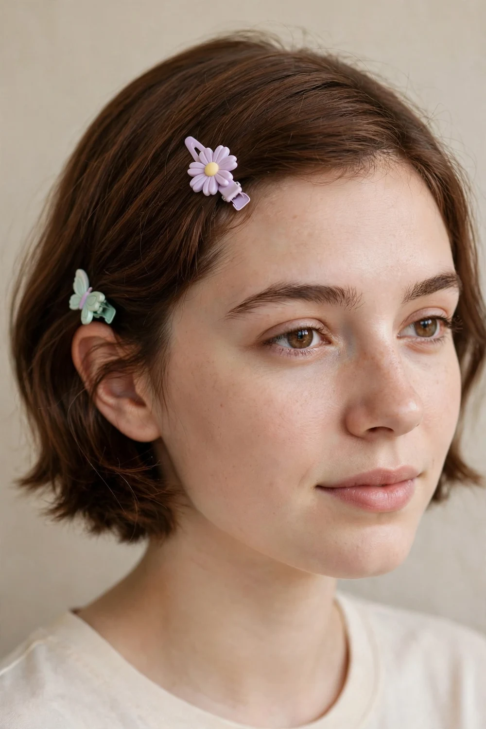 Short hair tucked behind ears with cute clips for school