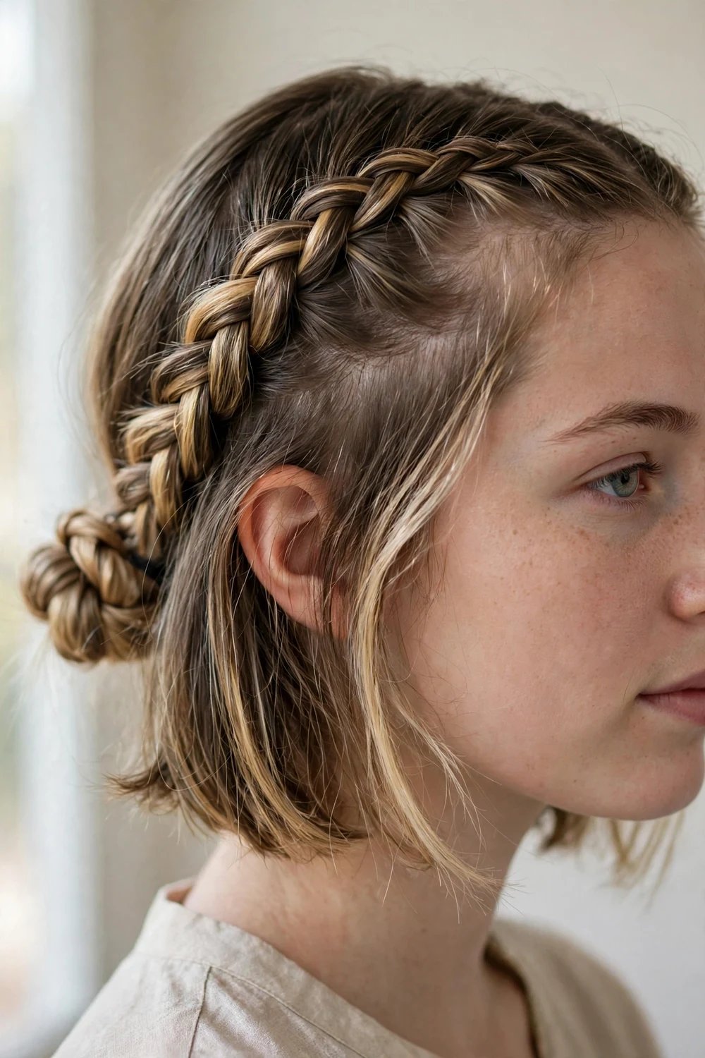 French braid leading into a low bun for school events